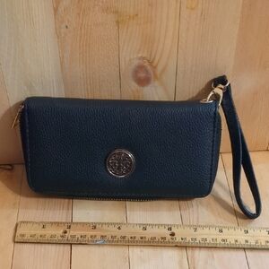 Classic Black Wristlet Clutch with Silver Emblem